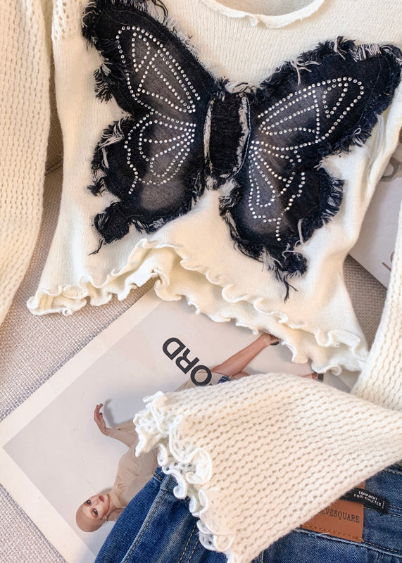 White Butterfly Patchwork Knitted Tops Flare Sleeve Fall