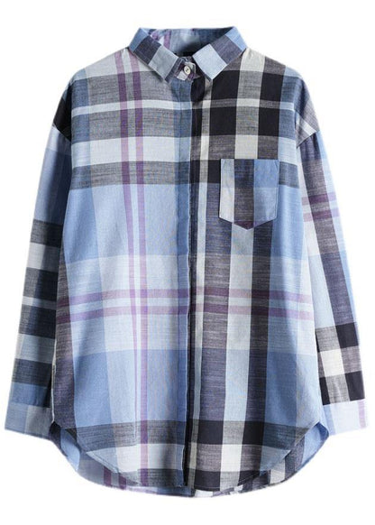 Fine Blue Plaid Print Pockets Button Fall Shirt Long Sleeve