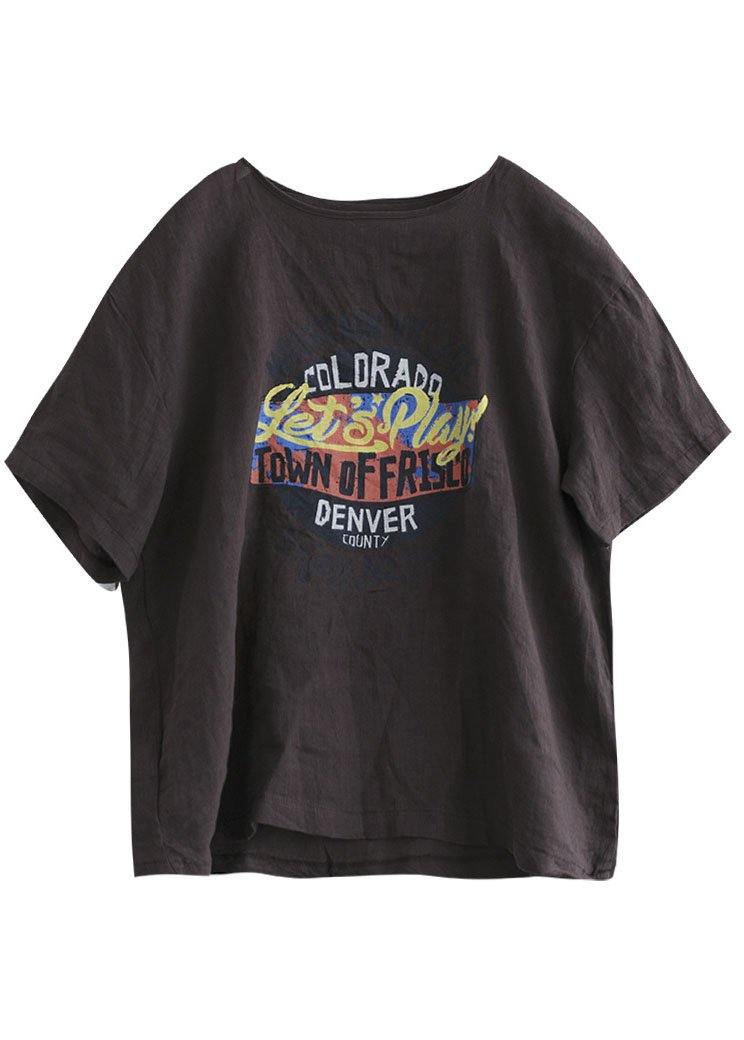Loose Chocolate O-neck Graphic Linen T-shirt Half Sleeve