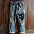 Women's Vintage Distressed Cut Black Cat Embroidery Washed Jeans elevenforest