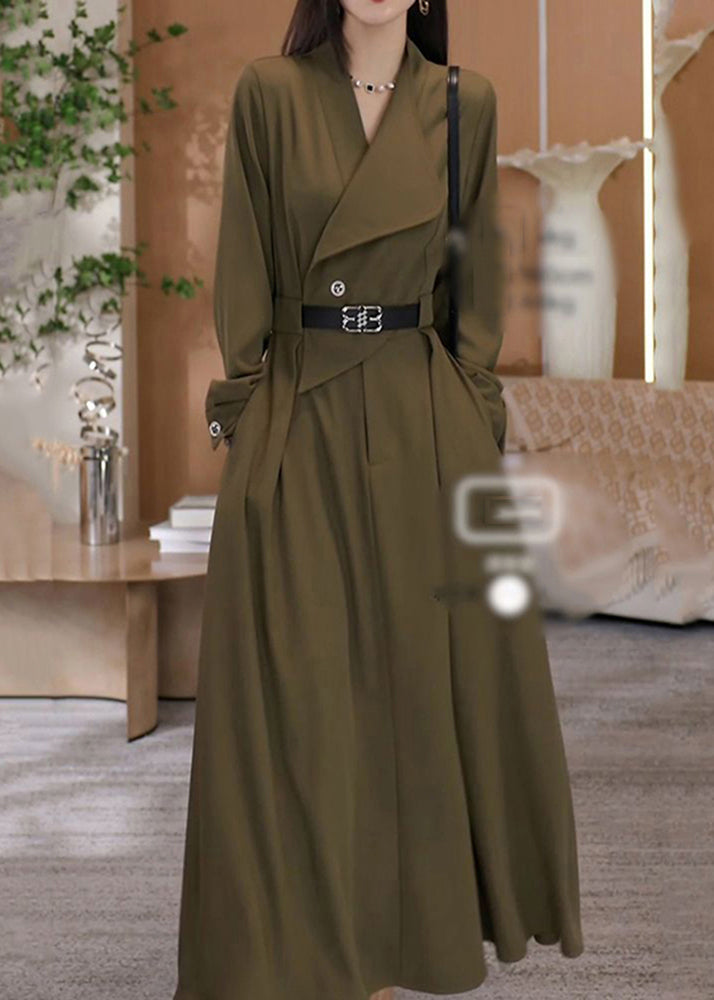 Green V Neck Waist Sashes Cotton Long Dresses Fall