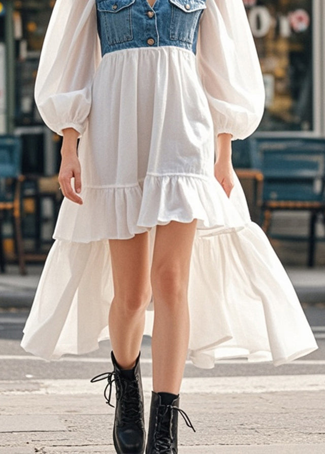 White Puff Sleeve Patchwork Denim Low High Design Cotton Dress Spring