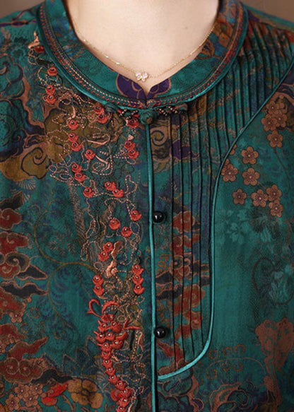 Unique Red Stand Collar Print Slim Silk Shirt Tops Half Sleeve Spring