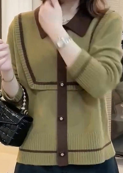 French Green Peter Pan Collar Patchwork Knitted Tops Fall