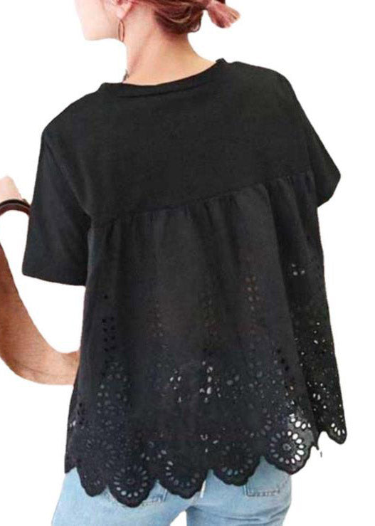 Black O-neck Hollow Out Cotton T Shirt Short Sleeve