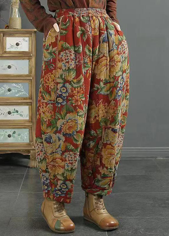 Red Pockets Print Elastic Waist Fine Cotton Filled Pants Winter