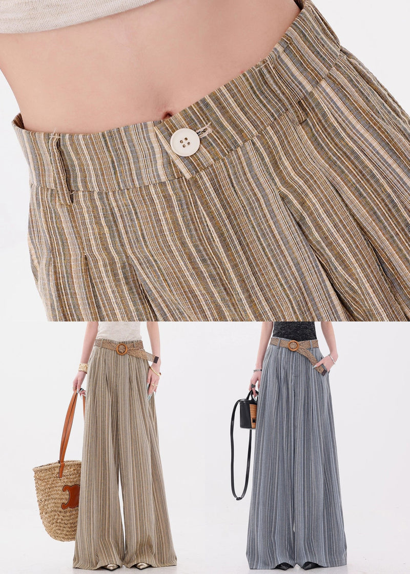 Blue Button Pockets Cotton Wide Leg Pants Elastic Waist
