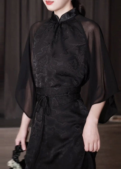 Black Stand Collar Jacquard Patchwork Silk Dresses Fall