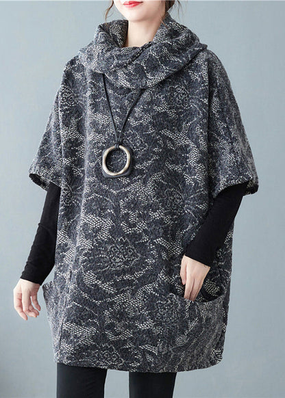 Khaki Turtle Neck Jacquard Woolen Tops Short Sleeve