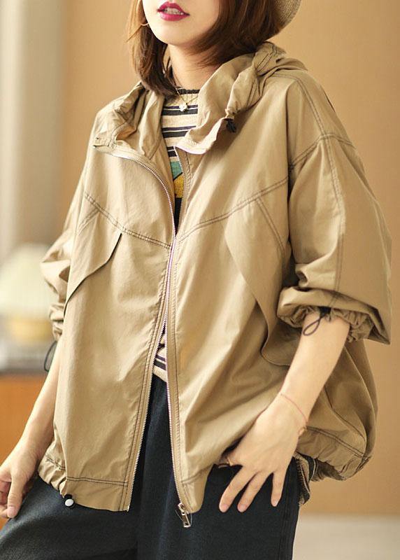 Boutique Khaki Loose Pockets Fall Hoodie Coat Long Sleeve