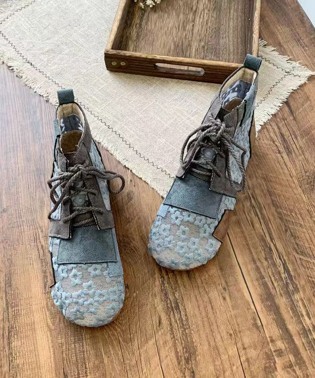 Retro Grey Flat Boots Splicing Lace Up Hollow Out Soofairy Shoes-20251
