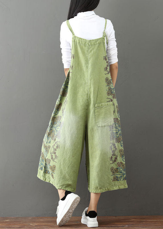 French Green Pockets Print Wide Leg Jumpsuit Spring