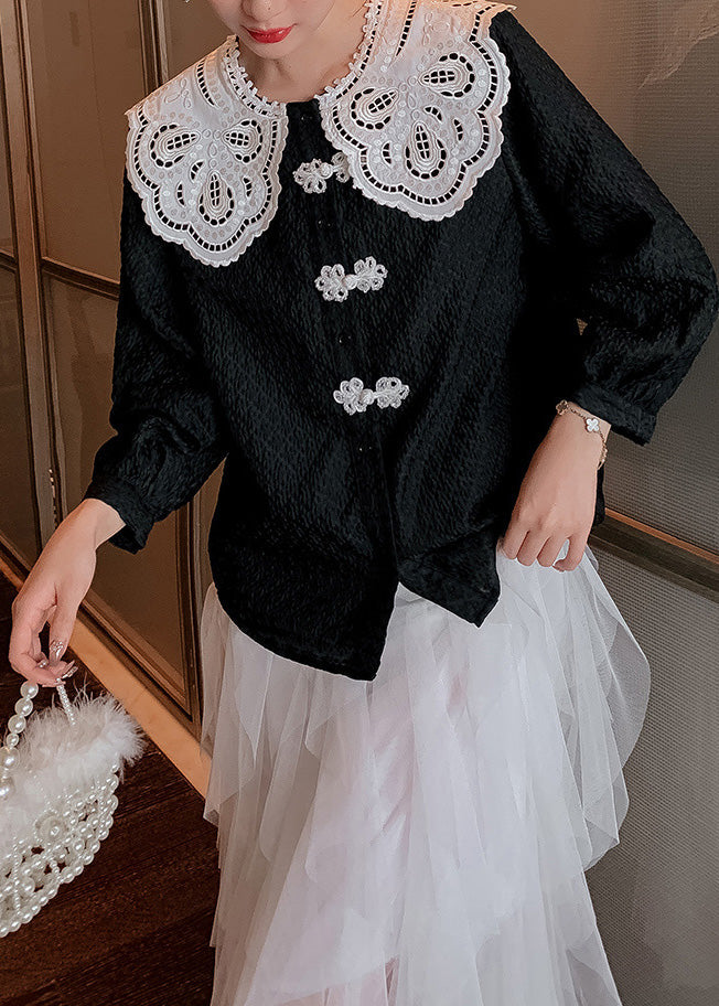 Black Peter Pan Collar Print Button Shirts Long Sleeve