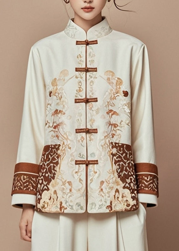 Beige Print Stand Collar Fall Coats