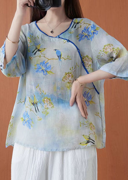 Light Green O-neck Print Linen Blouses Half Sleeve