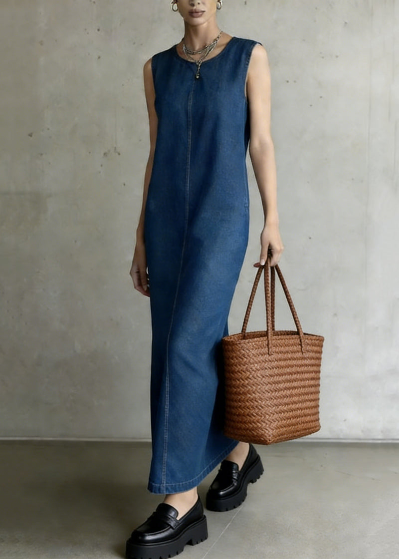 Denim Blue O-neck Patchwork Long Dress Summe