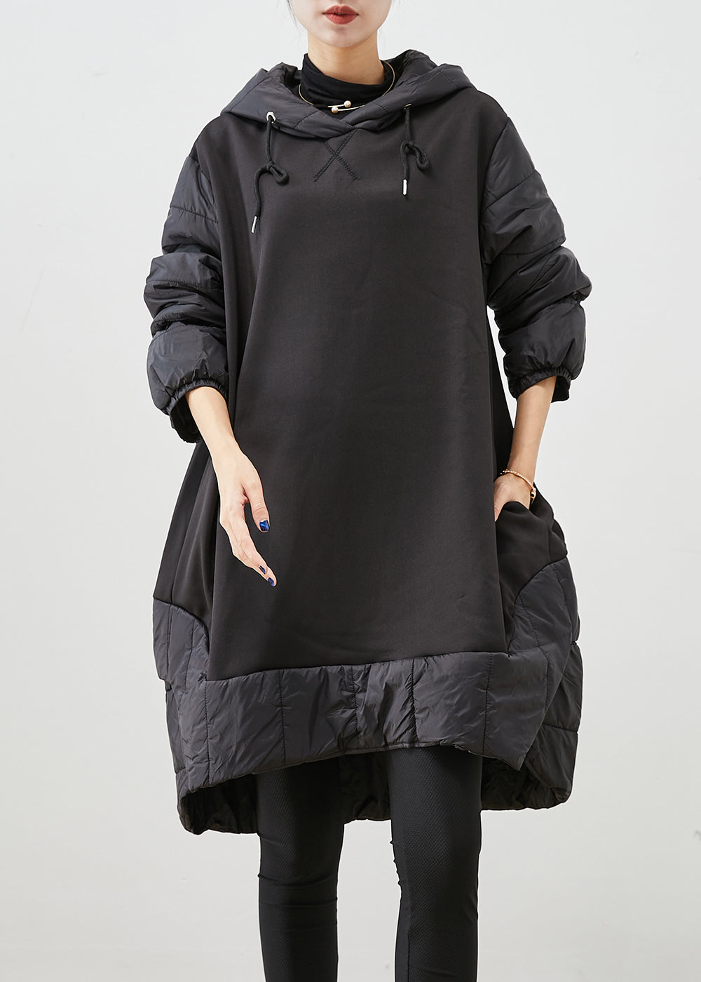 Black Hooded Patchwork Thick Cotton Pullover Sweatshirt Dress Fall