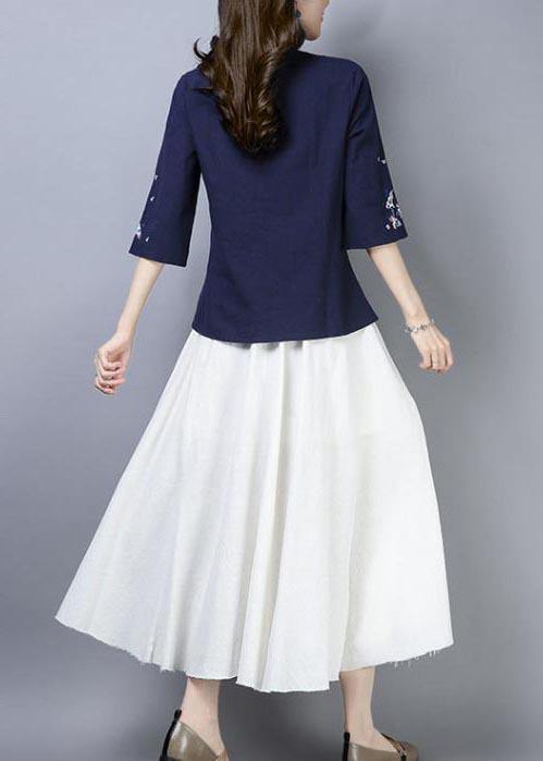 Natural Navy Embroideried Oriental Cotton Linen Shirts Summer