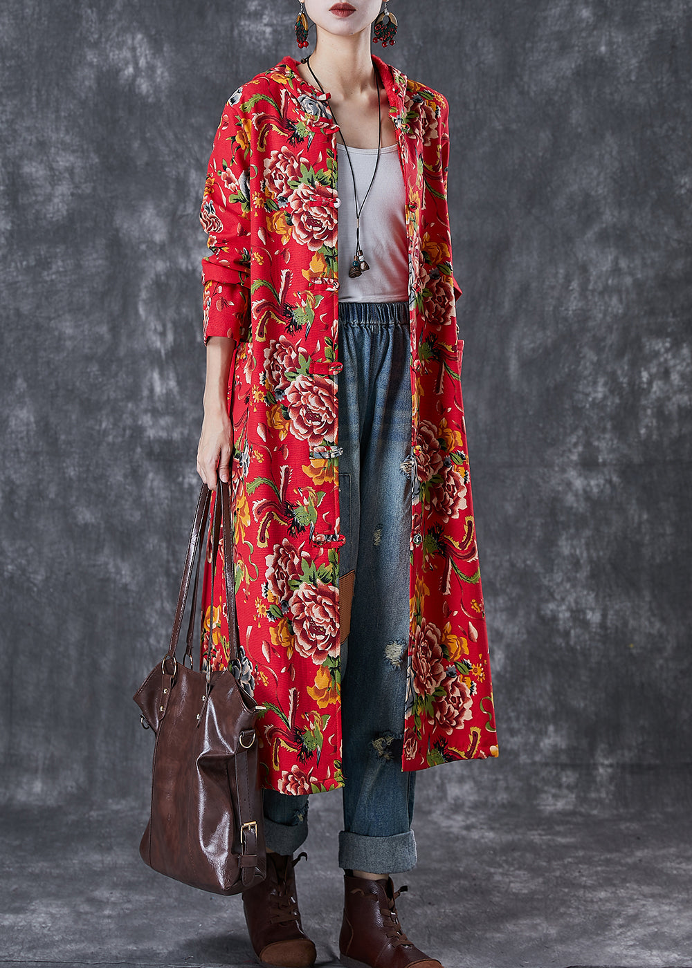 Red Hooded Print Warm Fleece Trench Coat Winter