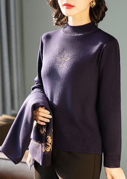 Dark Purple Print Cotton Knit Cardigans and Sweaters Two Pieces Set Three Quarter Sleeve