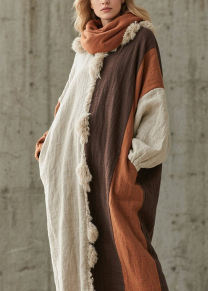 New Colorblock Fuzzy Fur Fluffy Patchwork Cotton Maxi Dresses Fall
