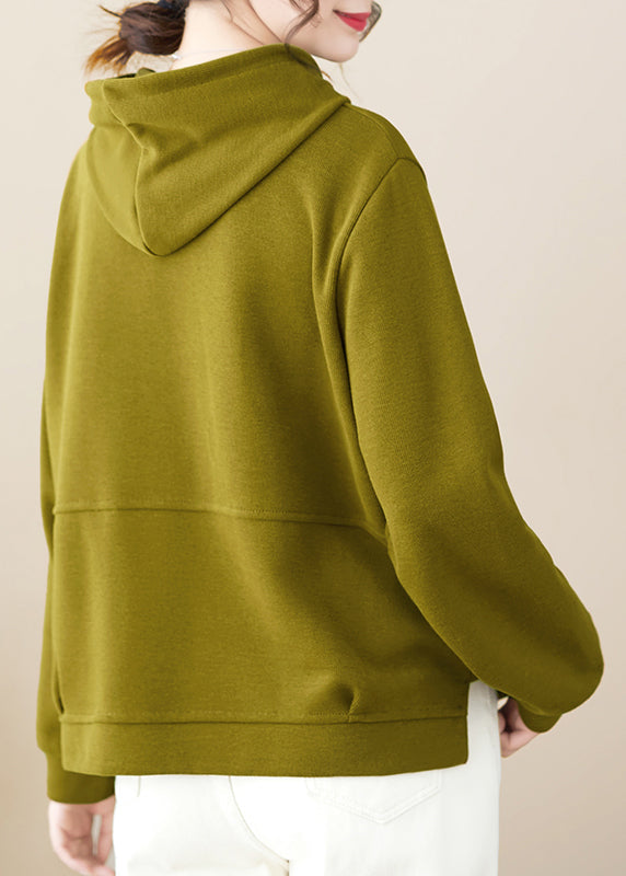 Loose Green Hooded Patchwork Cotton Pullover Fall