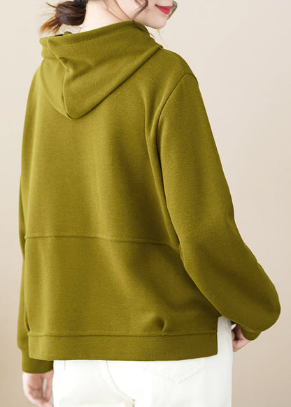 Loose Green Hooded Patchwork Cotton Pullover Fall