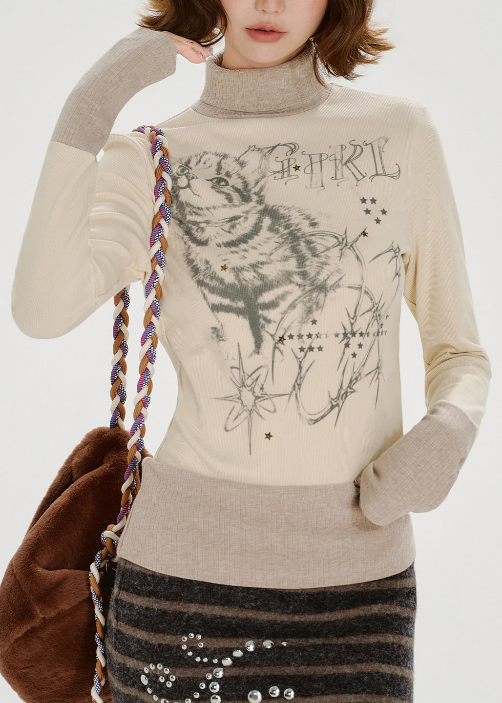 American Style Print Zircon High Neck Long Sleeved T-shirt