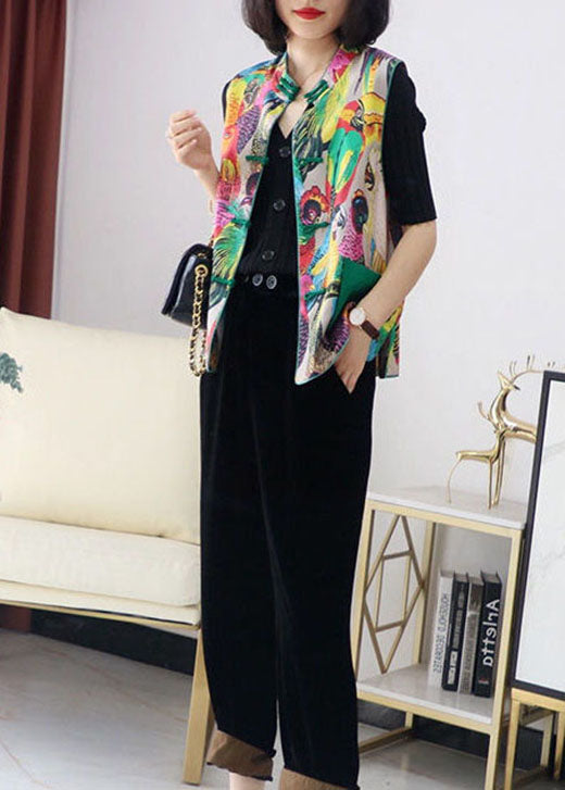 Retro Print Pockets Button Fall Sleeveless Vest