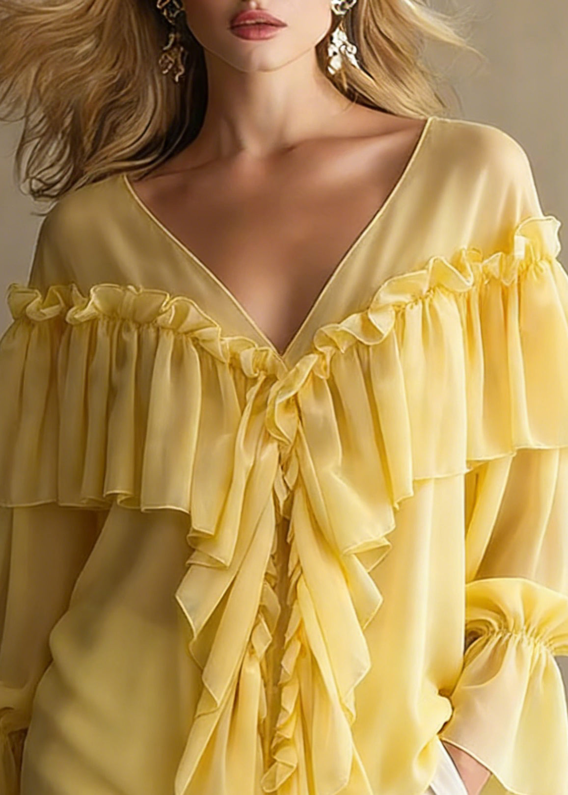 Yellow Ruffled Button Chiffon Shirt Tops V Neck Spring