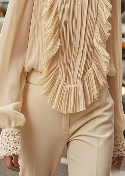 Apricot Patchwork Wrinkled Chiffon Formal Shirt Spring