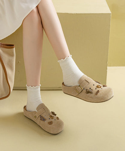 Apricot Suede Splicing Hollow Out Slide Sandals