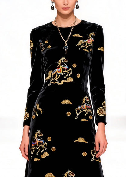 Black Print Horse Silk Velvet Long Dress O-neck Spring