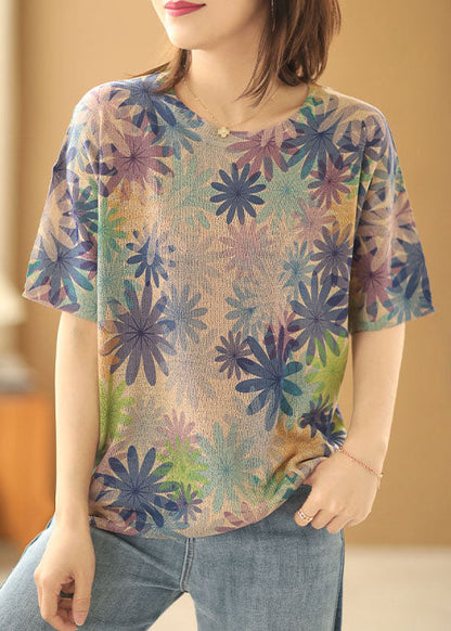 Diy Khaki O-neck Print Linen Knit Tanks Short Sleeve