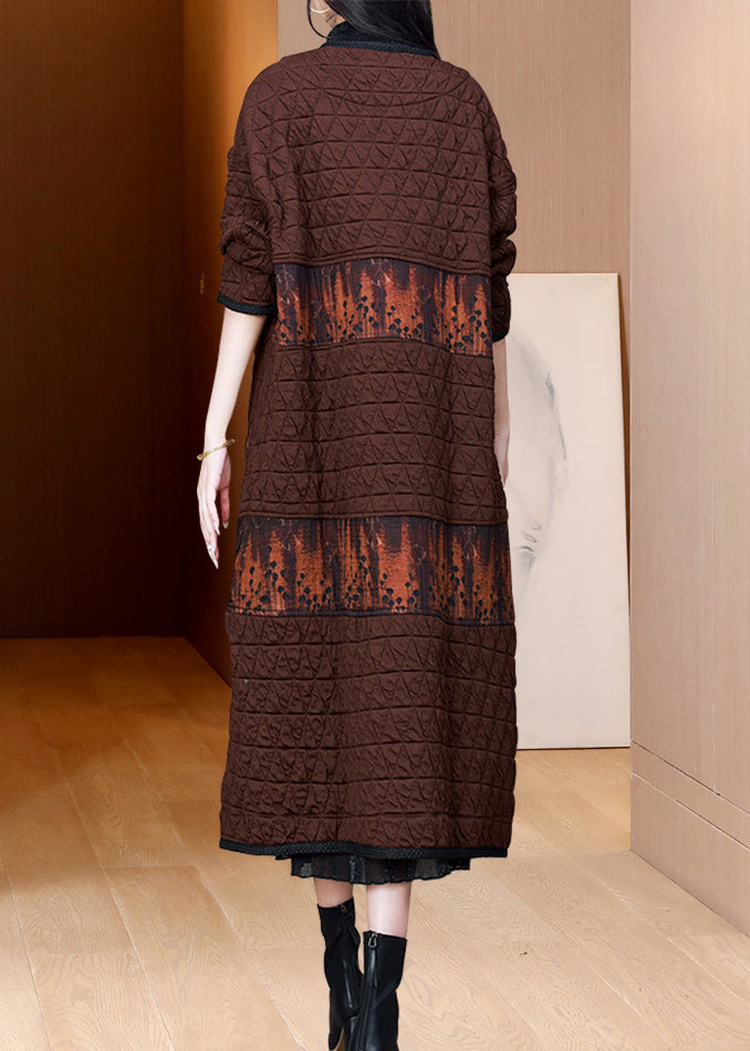 Coffee O Neck Pockets Patchwork Fine Cotton Filled Coat Fall