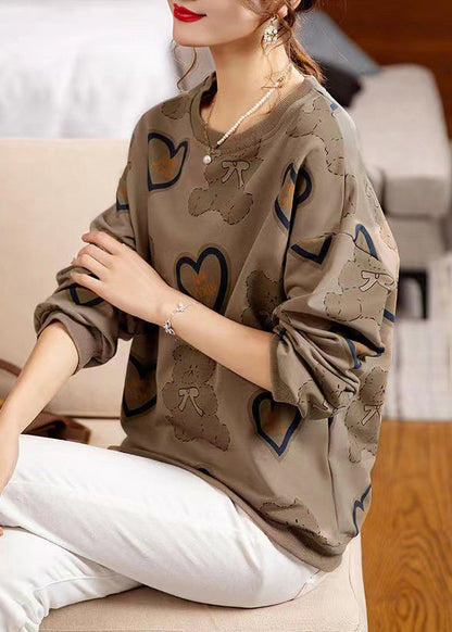 Coffee O Neck Print Patchwork Cotton Sweatshirt Fall