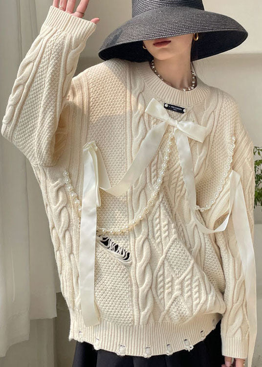 Diy Apricot Bow Hole Knit Sweaters Spring