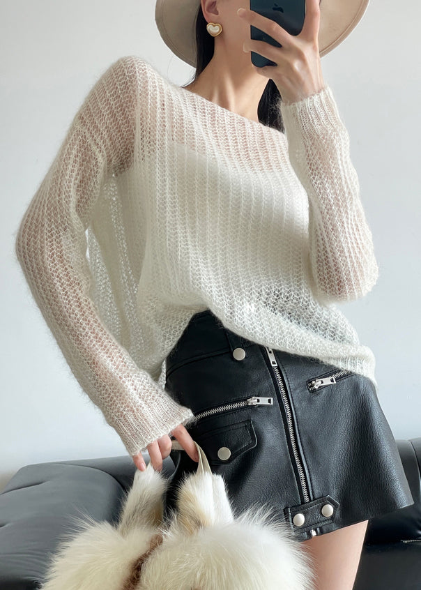 White Cozy Knit Sweater Hollow Out Winter