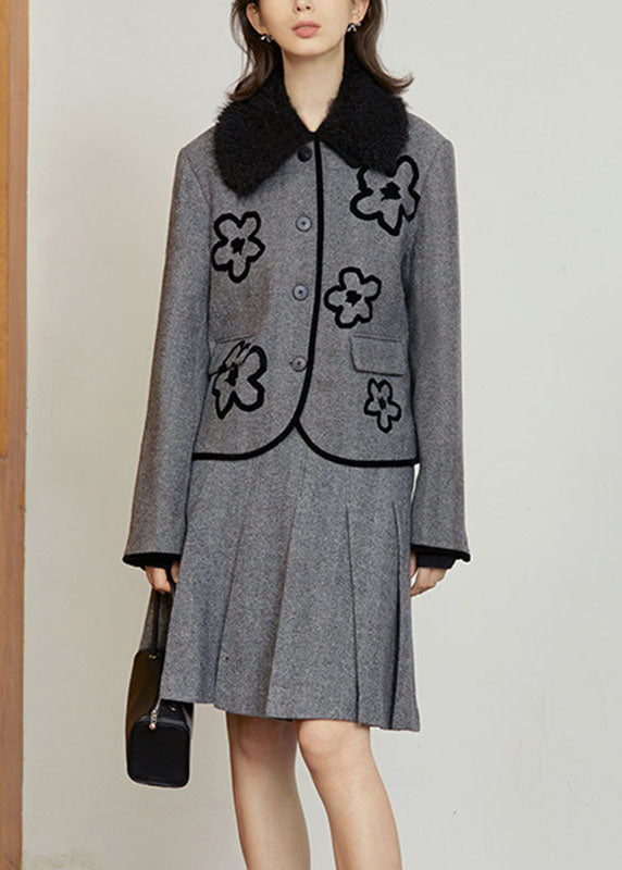 Organic Grey Button Woolen Coat and Skirts Two Pieces Set Fall