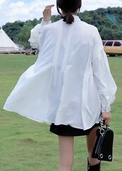White Stand Collar Wrinkled Patchwork Button Shirt Puff Sleeve