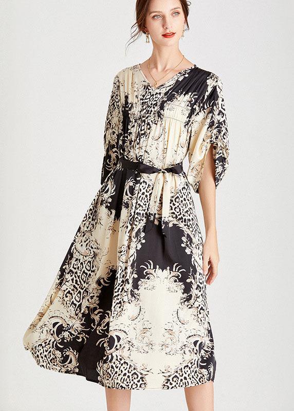 Black White Print Loose Tie Waist a Line Summer Dresses