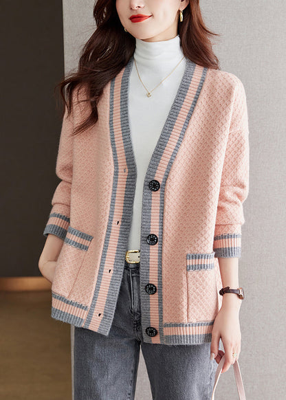 Pink V Neck Button Patchwork Knit Cardigan Fall
