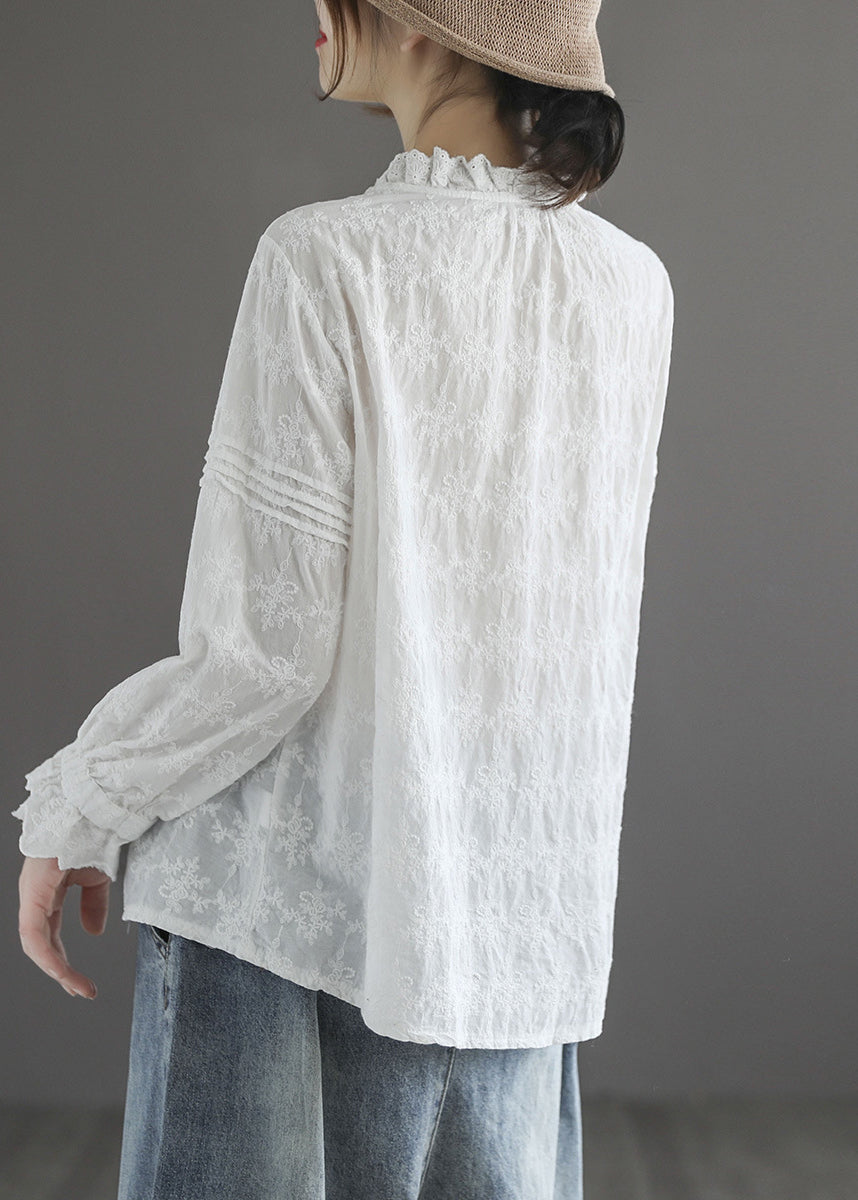Stylish Apricot Ruffled Button Cotton Blouse Tops Long Sleeve Spring