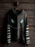 Halloween Cat Face Contrast Stitched Striped Sleeve Hoodie elevenforest