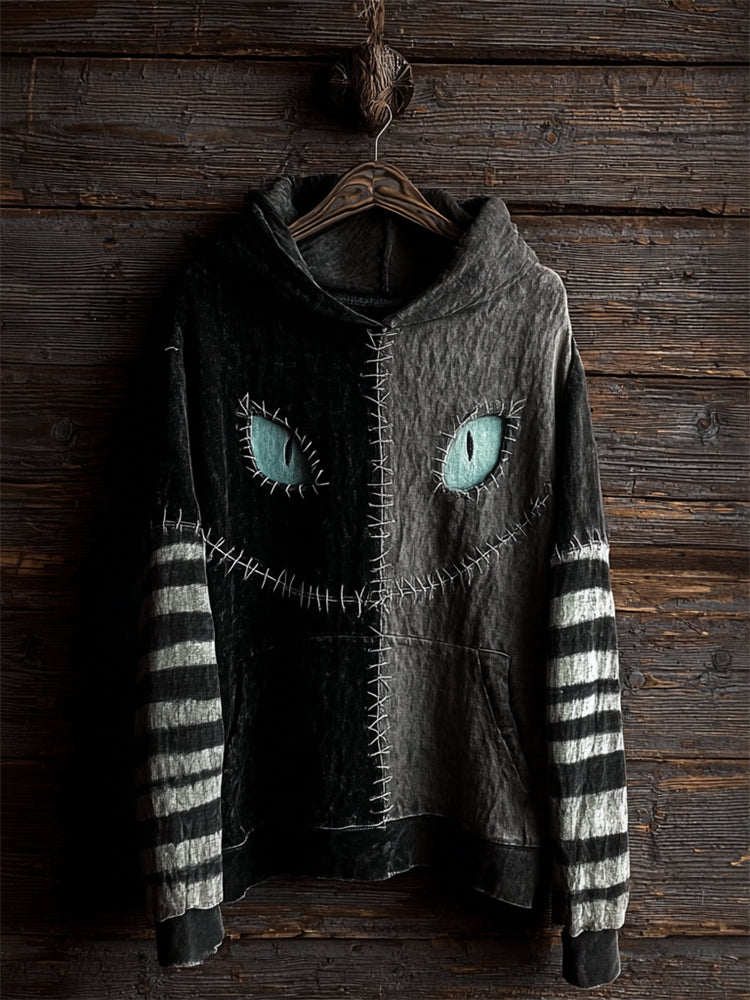 Halloween Cat Face Contrast Stitched Striped Sleeve Hoodie elevenforest