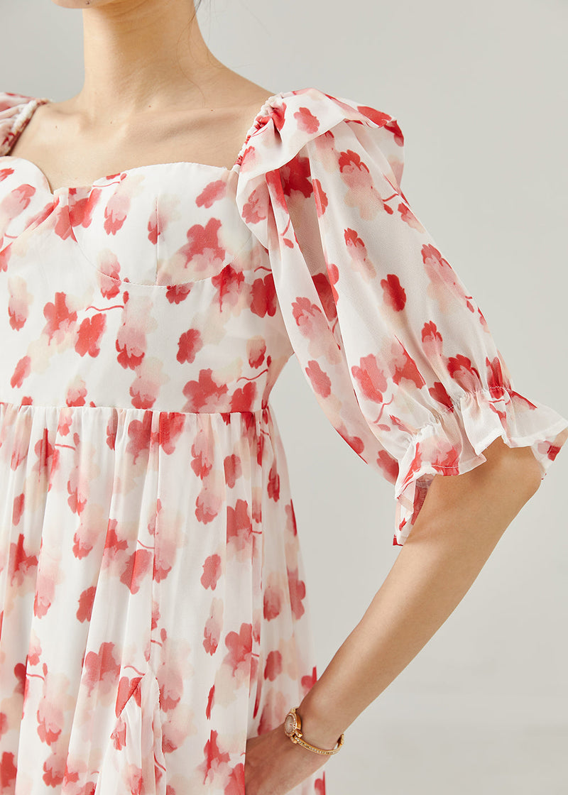 Red Print Chiffon Long Dresses Square Collar Summer