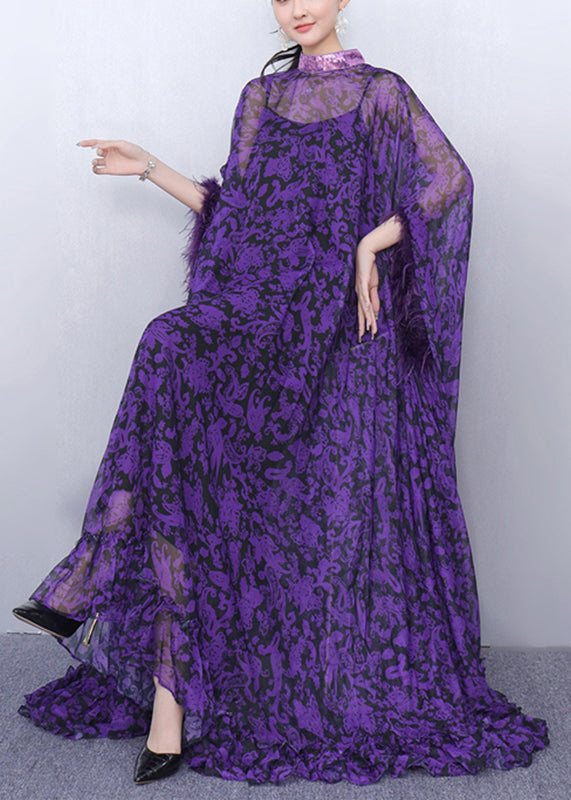 Stylish Purple Turtleneck Print Tulle Patchwork Party Maxi Dress Half Sleeve Fall