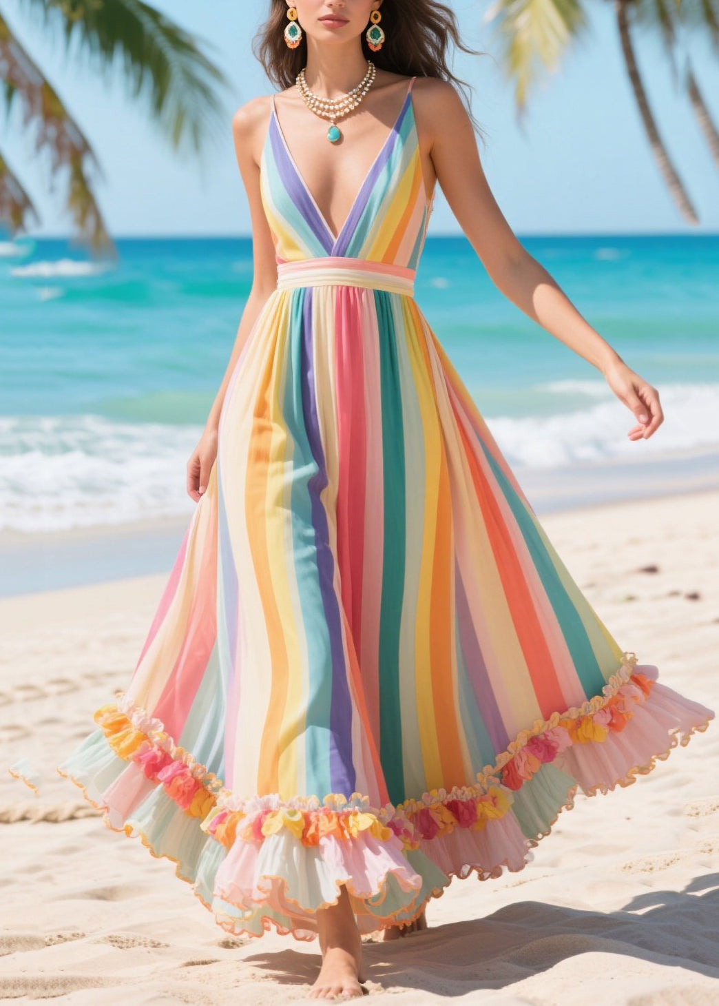 Rainbow Patchwork Exra Large Hem Silk Summer Beach Dress