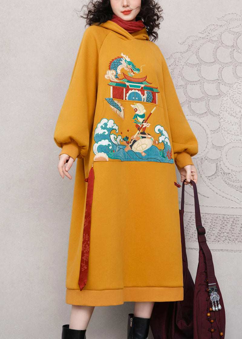 Loose Yellow Hooded Embroidered Warm Fleece Long Dress Spring