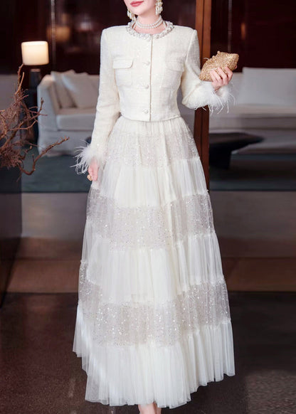 White Sequins Nail Bead Coats and Tulle Maxi Skirt Two Pieces Set Spring